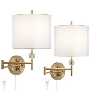 Possini Euro Design Kohle Modern Swing Arm Wall Lamps Set of 2 Polished Brass Plug-In Light Fixture White Drum Shade for Bedroom - 1 of 4