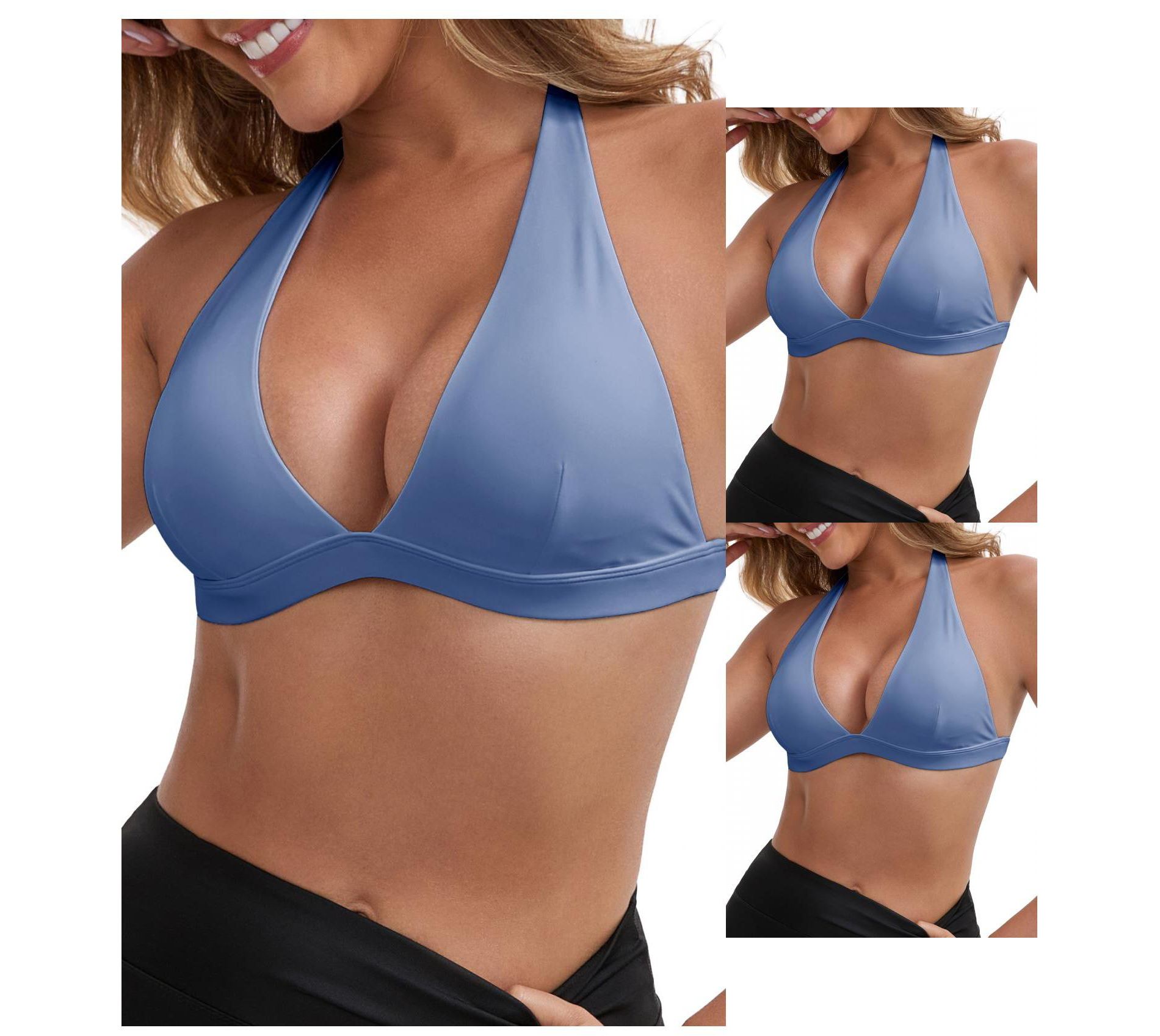 INSPIRE CHIC Women's Halter Neck Plunge Wirefree Backless Cozy Breathable Workout Fitness Sports Bras 3 Packs 3 Blue Medium