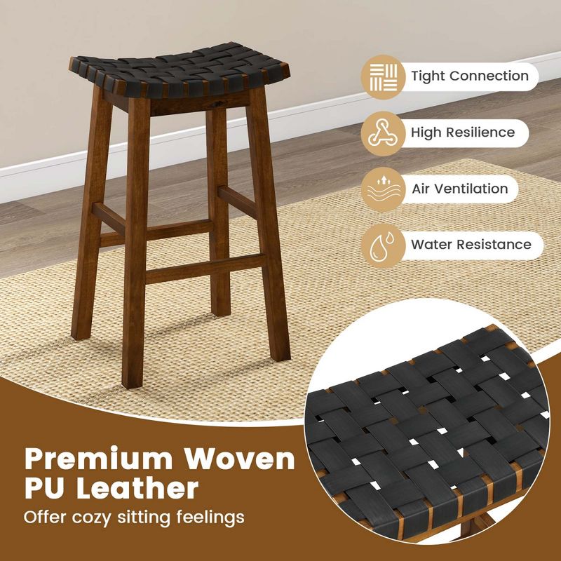 Costway Woven Saddle Stools Set of 2 Faux PU Leather Counter Height Kitchen Stool, 5 of 9