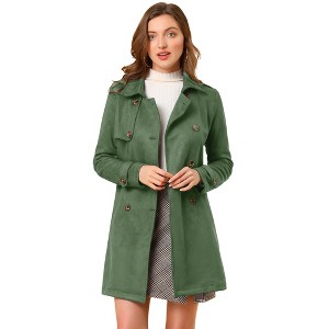Allegra K Women's Notched Lapel Double Breasted Faux Suede Trench Coat with Belt - 1 of 4