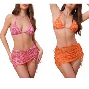 INSPIRE CHIC Women's Water Ripples Colorblock Halter Tie Back Top Triangle Bottom Mesh Cover Up Swimwear Bikini 2 Sets - 1 of 4