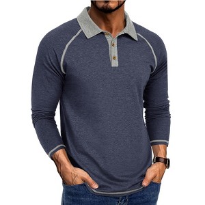 Men's Color Block Long Sleeve Button Polo Shirt Casual Contrast Collar Tee - 1 of 4