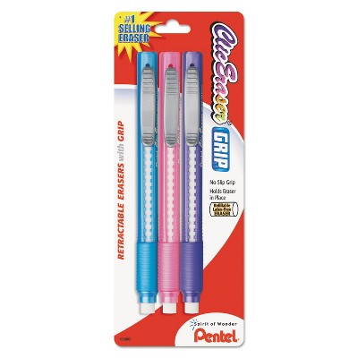 Pentel Clic Eraser Pencil-Style Grip Eraser Assorted 3/Pack ZE21TBP3M