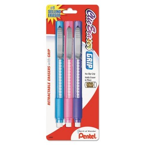 Pentel Clic Eraser Pencil-Style Grip Eraser Assorted 3/Pack ZE21TBP3M - 1 of 4