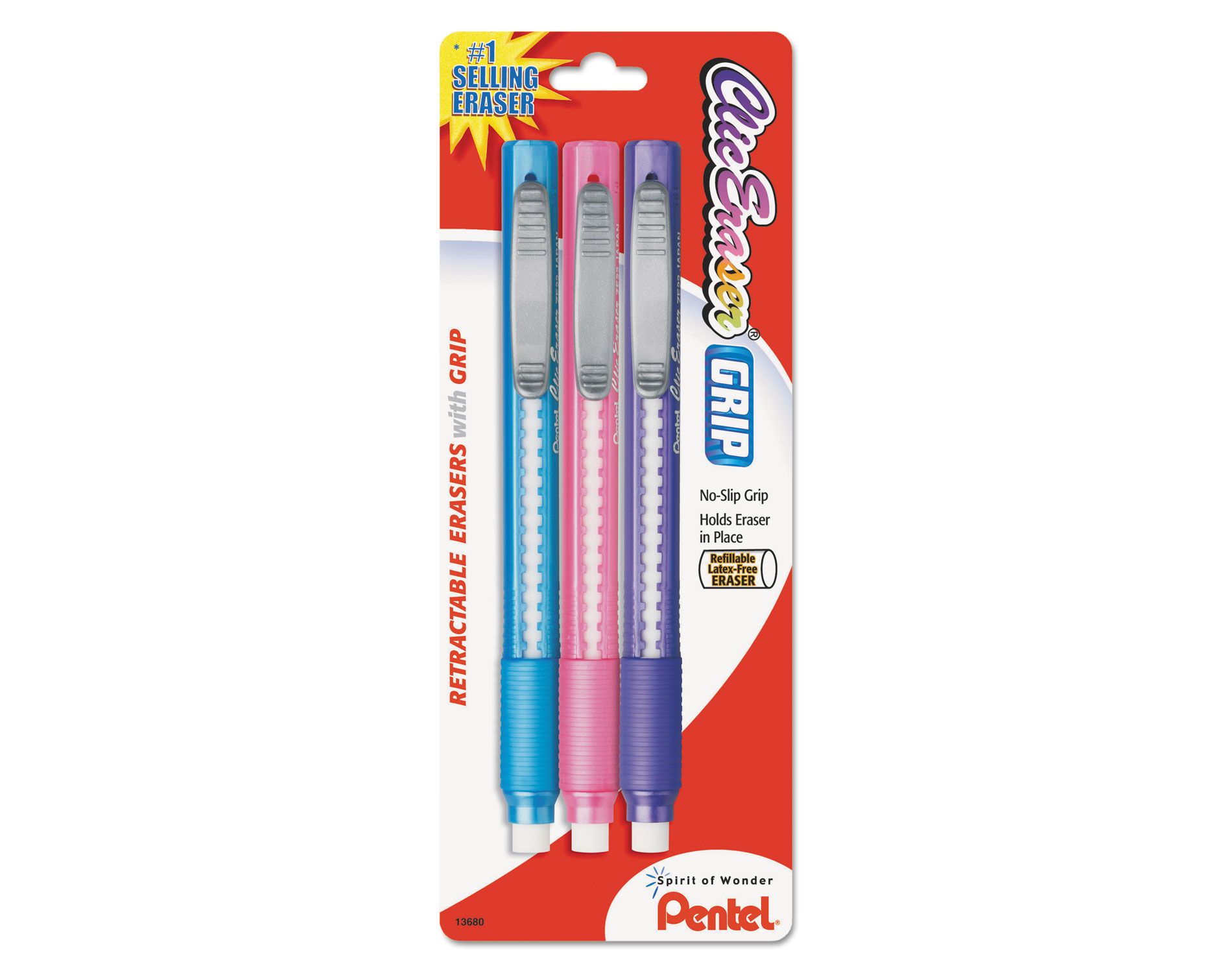 Pentel Clic Eraser Pencil-Style Grip Eraser Assorted 3/Pack ZE21TBP3M