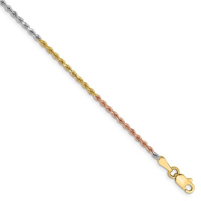 Black Bow Jewelry 1.8mm 14k Tri-Color Gold D/C Solid Rope Chain Anklet or Bracelet