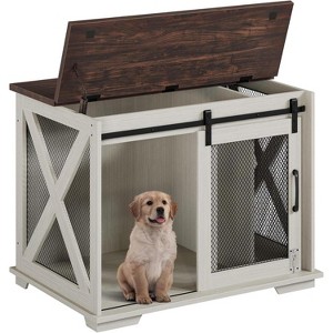 37 Inch Dog Crate Furniture, Indoor Dog Cage with Sliding Barn Door, Flip Top Dog Kennel End Table with Removable Divider, Farmhouse Wooden Pet House - 1 of 4