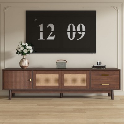 Chic Crate-Mid-Century TV Stand – 80In Media Console w/ Sliding Doors & Drawers | Solid Wood & Walnut | Multi-Room Storage