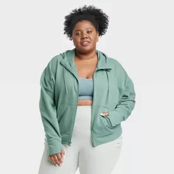 Women's Plus Size Ribbed Fleece Cropped Hooded Sweatshirt - All in Motion™ Forest Green 4X