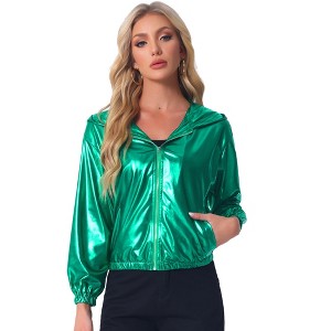 INSPIRE CHIC Women's Holographic Shiny Long Sleeve Zipper Hooded Metallic Jacket - 1 of 4