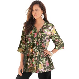 Roaman's Women's Plus Size Plus Size Tara Pleated Shirt – Adjustable 3/4 Sleeve Swing Tunic With Notch Collar - 1 of 4