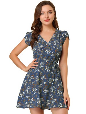 Allegra K Women's Boho Crossover V Neck Petal Sleeves Belted Floral Flowy Dress
