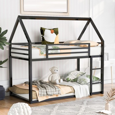 Twin Over Twin House Bunk Bed With Built-in Removable Ladder, Metal Twin Size Bunk Bed, Metal Frame Bunk Bed Frame With Ladders