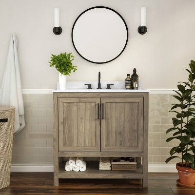 Flash Furniture Vega Bathroom Vanity with Sink Combo, Storage Cabinet with Soft Close Doors and Open Shelf, Carrara Marble Finish Countertop