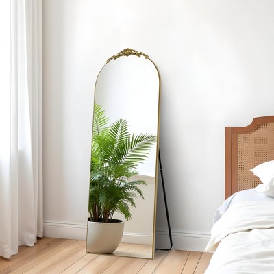 64.35x23.4 Inch Carved Wooden Right Angle Arched Gold Full-Length Mirror (With Bracket)
