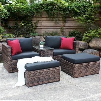 YOOCOZZ Outdoor 5-Piece Sectional Sofa Set with Thick Cushions and Pillows, Convertible Design - Brown