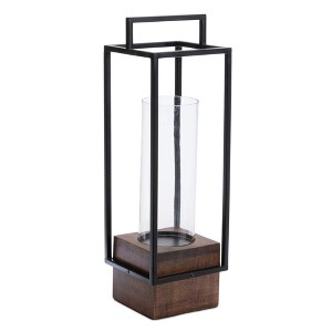 HomeRoots 20" Black And Brown Metal And Solid Wood Tabletop Lantern Candle Holder - 1 of 4