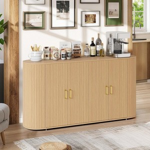 63" Modern Sideboard Buffet Cabinet, Fluted Accent Credenza with Curved Edges & Adjustable Shelves, Storage Console Table for Dining Room, Oak - 1 of 4
