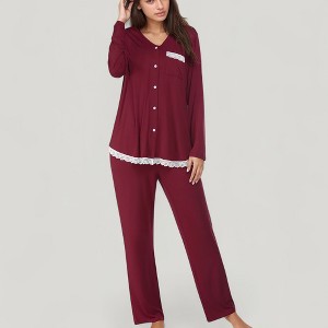 Anna-Kaci Lounge Women's Lace Trim Button Down Long Sleeve Top and Lounge Pants Two Piece Pajama Set - 1 of 4