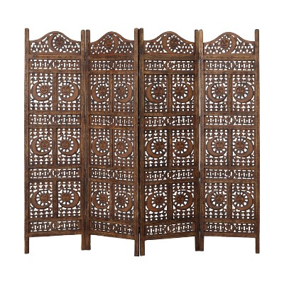 Benzara 71" 4 Panel Mango Wood Room Divider Hand Carved Sun and Moon Design Brown
