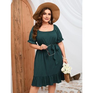 YesFashion Women's Summer Plus Size Dress Casual Short Sleeve Square Neck Dress Ruffle A Line High Waist Midi Dress with Belt - 1 of 4
