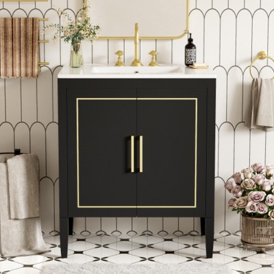 30-Inch Bathroom Storage Cabinet with Ceramic Basin and Built-In Hidden Drawers