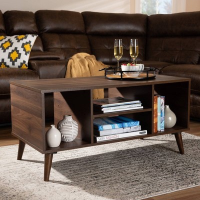 Linas Mid-Century Walnut Wood Coffee Table with Shelves