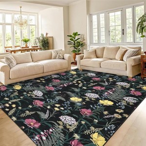 Washable Modern Floral Rug Non Slip Low Pile Rug Soft Throw Floor Cover Foldable Indoor Carpet for Living Room Bedroom Playroom Nursery - 1 of 4