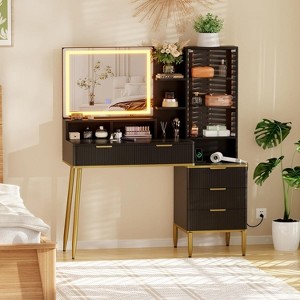 Makeup Vanity Desk with HD Lighted Mirror, Solid Wood Legs, and Power Outlet - Modern Fluted Design with Storage Shelf for Bedroom or Dressing Room - 1 of 4