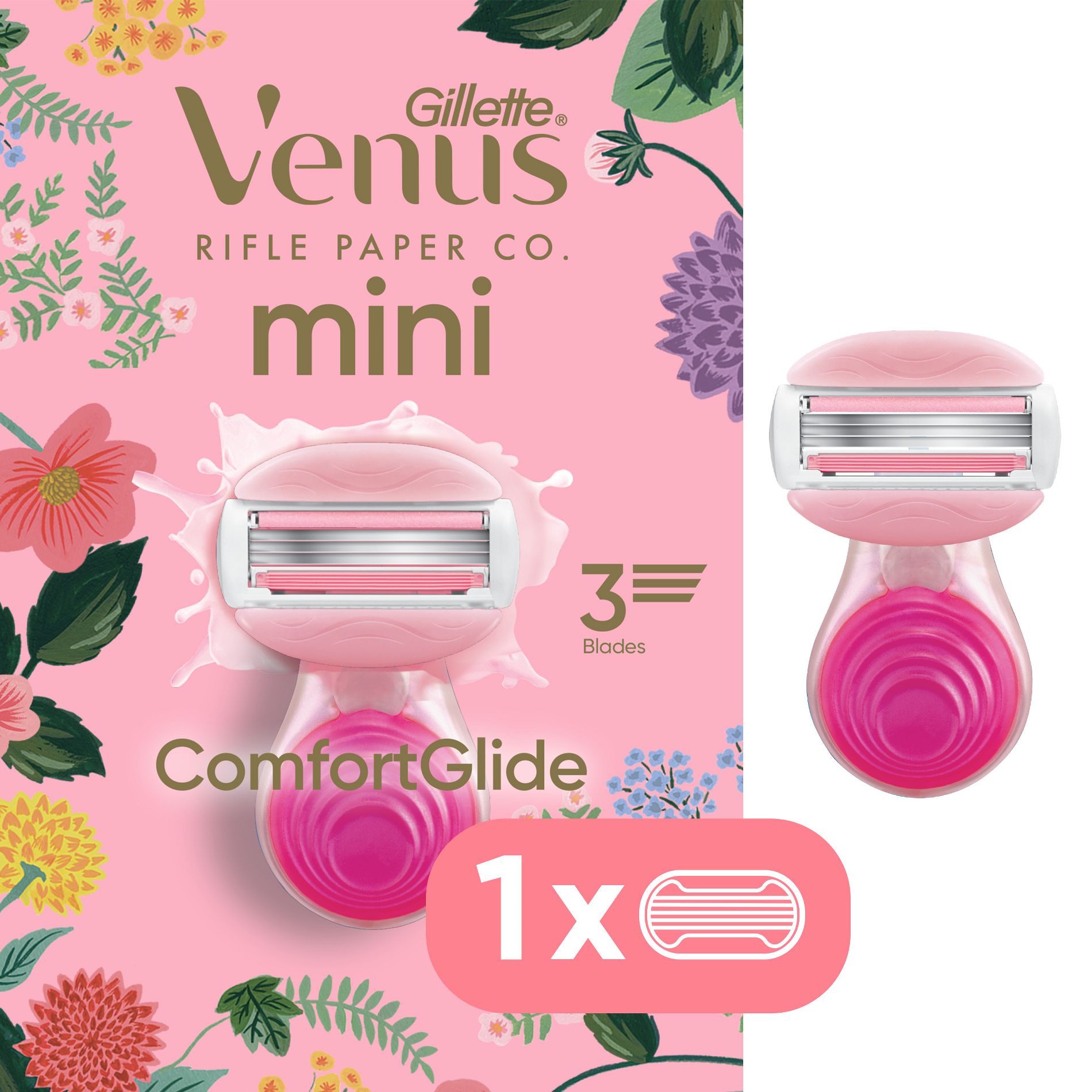 Venus + Rifle Paper Co. Mini ComfortGlide White Tea 3-Blade Women's Travel Razor with 1 Razor Blade Refill and Travel Case