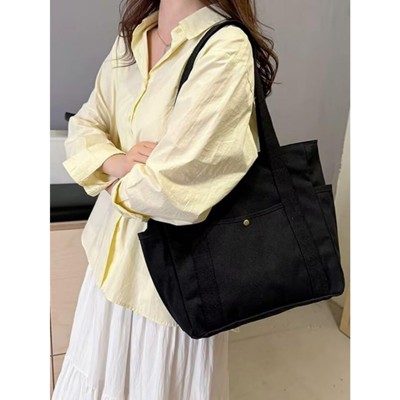 FATMOON Canvas Tote Bag with 3External Pockets, Multi-pockets Shoulder Bags for Women, Top Zipper Closure, Daily Handbag with Liner