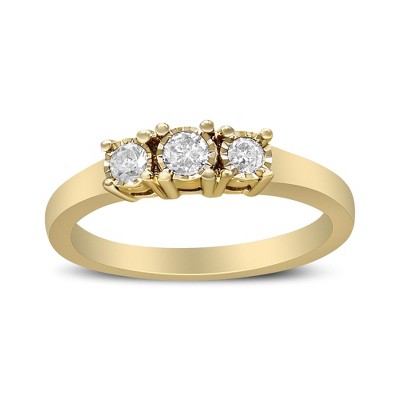 14K Yellow Gold Plated Silver 1/4 Cttw Diamond 3 Stone Illusion Plate Ring