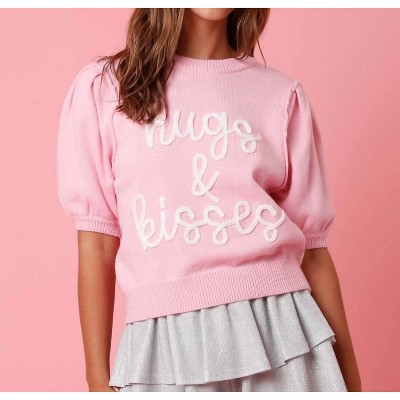 Women's Puff Sleeves Valentines Sweater - Peach Love