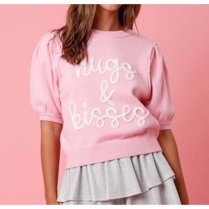 Women's Puff Sleeves Valentines Sweater - Peach Love - 1 of 4
