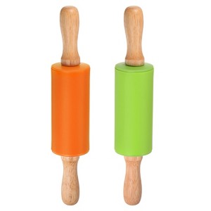 Unique Bargains Silicone Smooth Non-Stick Wooden Handle Kitchen Rolling Pin 2 Pcs - 1 of 4