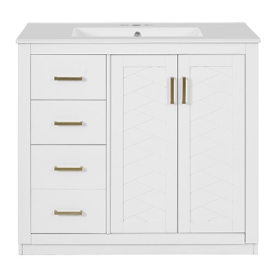 Vynxaria 36 Inch White Freestanding Bathroom Vanity with Ceramic Sink Solid Wood Frame 3 Drawers Soft Closing Doors and Ample Storage Space