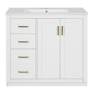 Vynxaria 36 Inch White Freestanding Bathroom Vanity with Ceramic Sink Solid Wood Frame 3 Drawers Soft Closing Doors and Ample Storage Space - 1 of 4