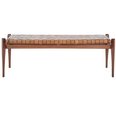 Dilan 48'' Mahogany Wood and Top Grade Leather Woven Bench - Brown