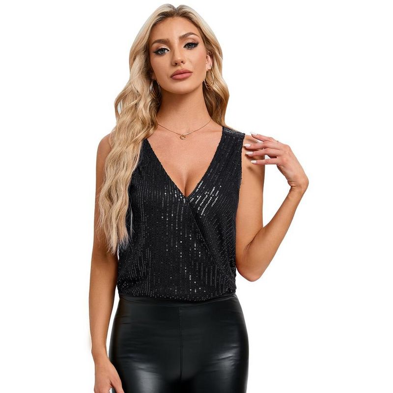Women's Sparkly Sequin Sleeveless Tank Top - Deep V Backless Sexy Top Wrap Glitter Party Shirt for Holiday, 2 of 9