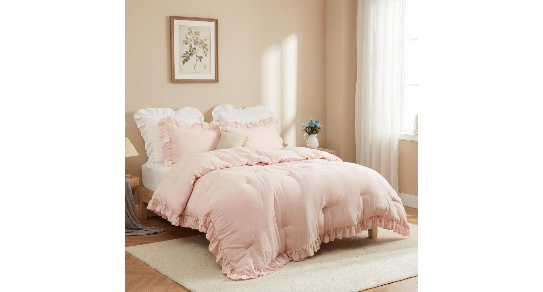 Ruffled Comforter Set & Sham Set, Soft Microfiber Fabric Bedding Set for Bedroom Home Decor
