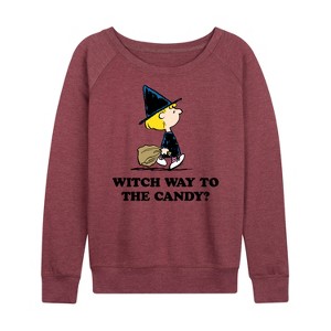 Women's - Peanuts - Witch Way To The Candy Lightweight French Terry Wide Neck Long Sleeve Graphic Shirt - 1 of 4
