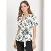 Allegra K Women's Floral V Neck Tie Waist Short Sleeve Belted Ruffle Wrap Shirt - image 2 of 4