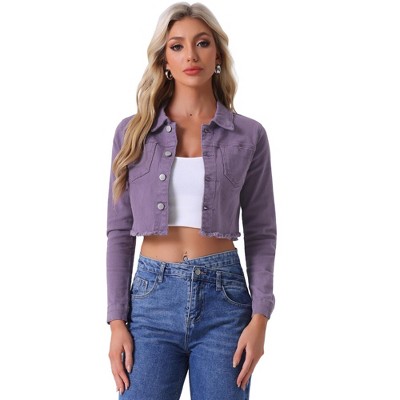 Allegra K Women's Turn Down Frayed Button Down Washed Cropped Denim Jacket