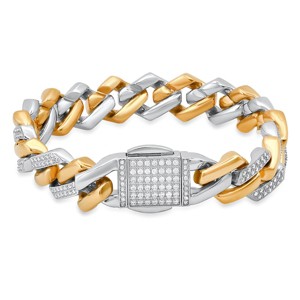 Steeltime Men's two tone stainless steel and 18k gold plated simulated diamonds curb miami cuban link chain bracelet - 1 of 4