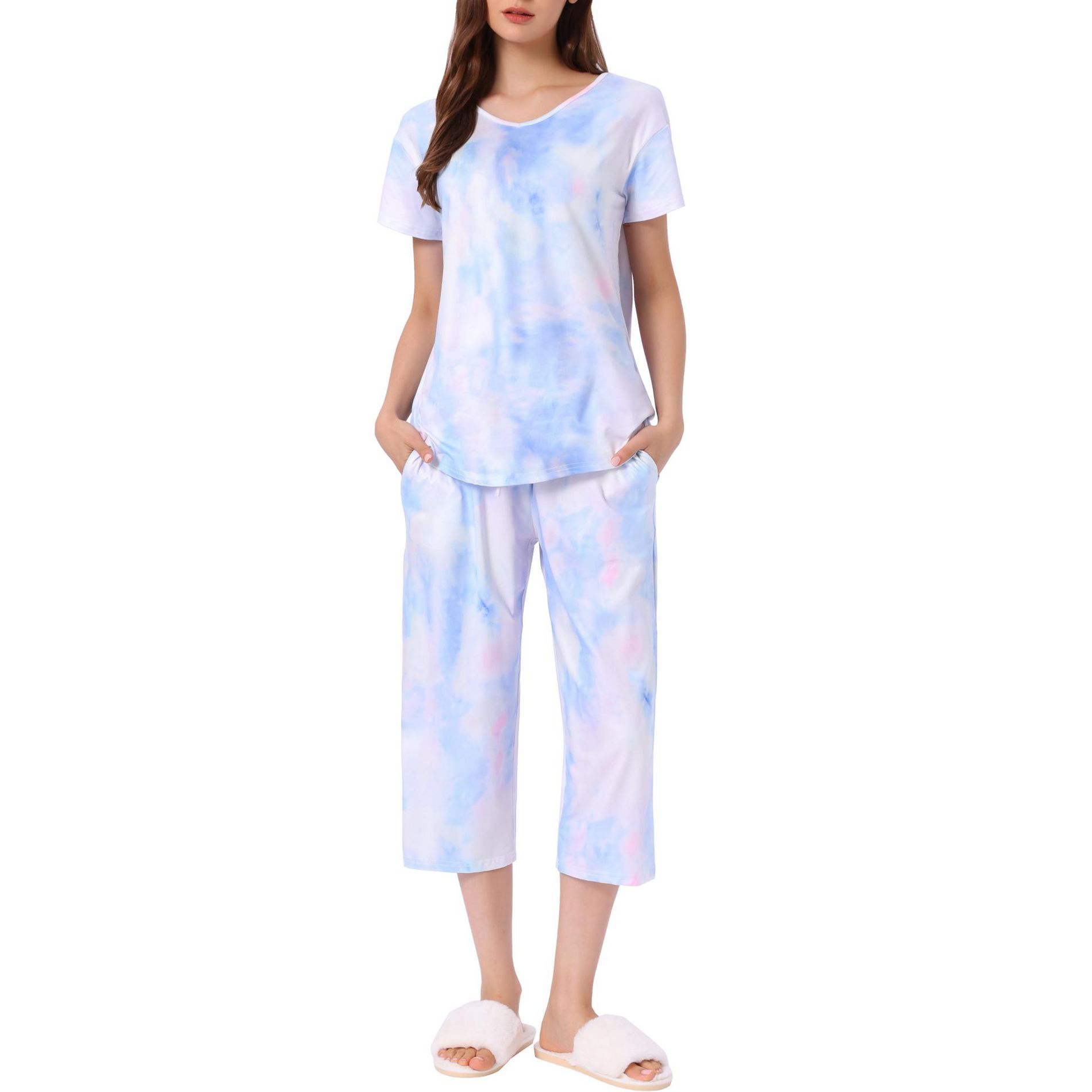 cheibear Women's Pajama Set Tie Dye Short Sleeve Capri Pants Lounge Sets with Pockets Small Blue Purple