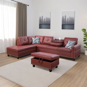 DOMETOUR Red Faux Leather Synthetic Leather 3-Piece Sofa Set (Sofa+Chaise+Ottoman) - 1 of 4