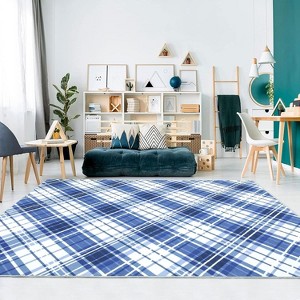 Washable Geometric Plaid Bedroom Rug, Non Slip Non Shedding Carpet, Modern Foldable Low Pile Floor Cover, Stain Resistant Hallway Mat - 1 of 4