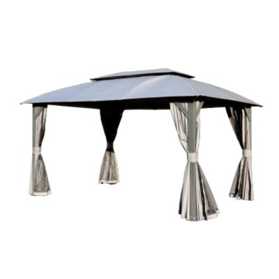 DOMETOUR 10x14FT Outdoor Gazebo with Double Roofs, Curtains, Nettings, Heavy Duty Metal Frame for Patio, Backyard, Deck, Lawn, Grey