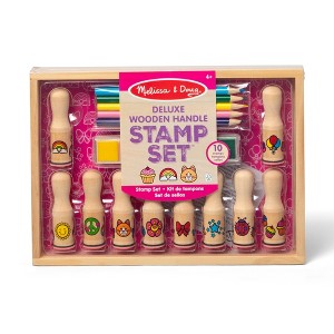 Melissa & Doug Deluxe Happy Handle Stamp Set With 10 Stamps, 5 Colored Pencils, and 6-Color Washable Ink Pad - 1 of 4