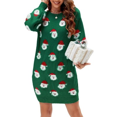 BLUEMING Women's Santa Head Knit Dress Long Sleeve Knee-Length Fur-Trimmed Hem Holiday Party Sweater Dress